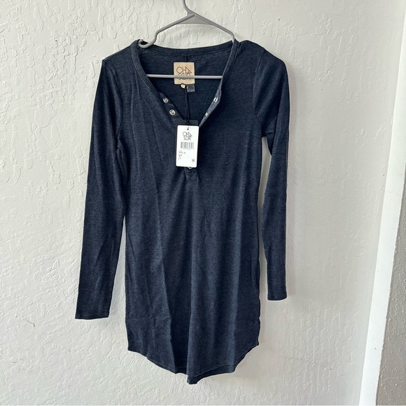 Chaser Navy Blue Ribbed Shirttail Button Front Snap Closure Long Sleeve Dress S - Picture 2 of 6